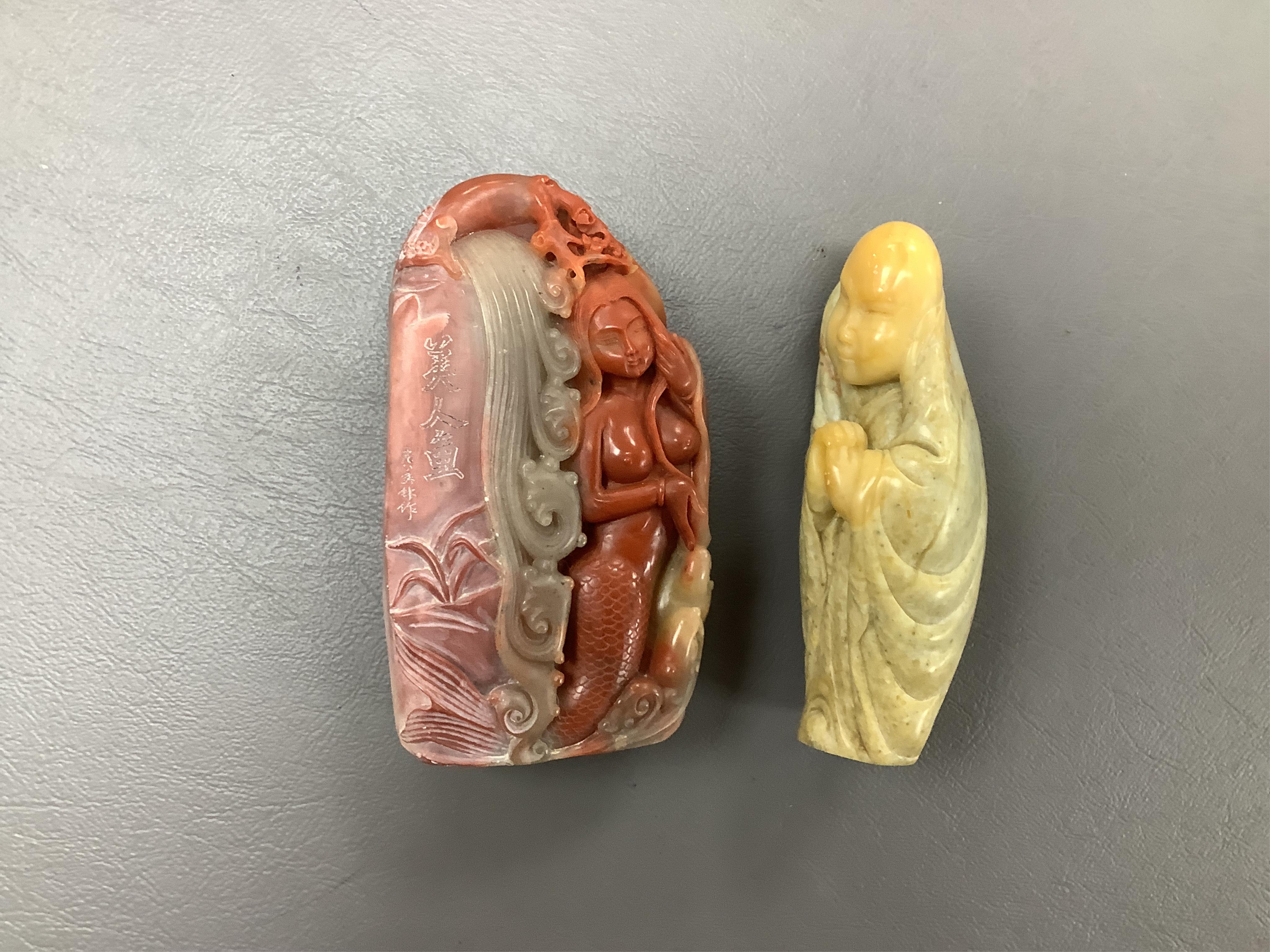 A Chinese white jade 'boys with jar' carving and three shoushan stone figures; luohan, girl with squirrel and mermaid (4), tallest 11cm